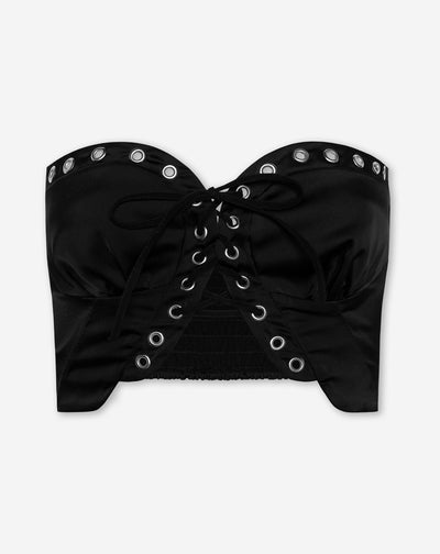 LACE UP SATIN CROP TOP ZWART