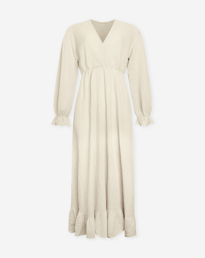 MOUSSELINE MAXI RUFFLE DRESS ZAND