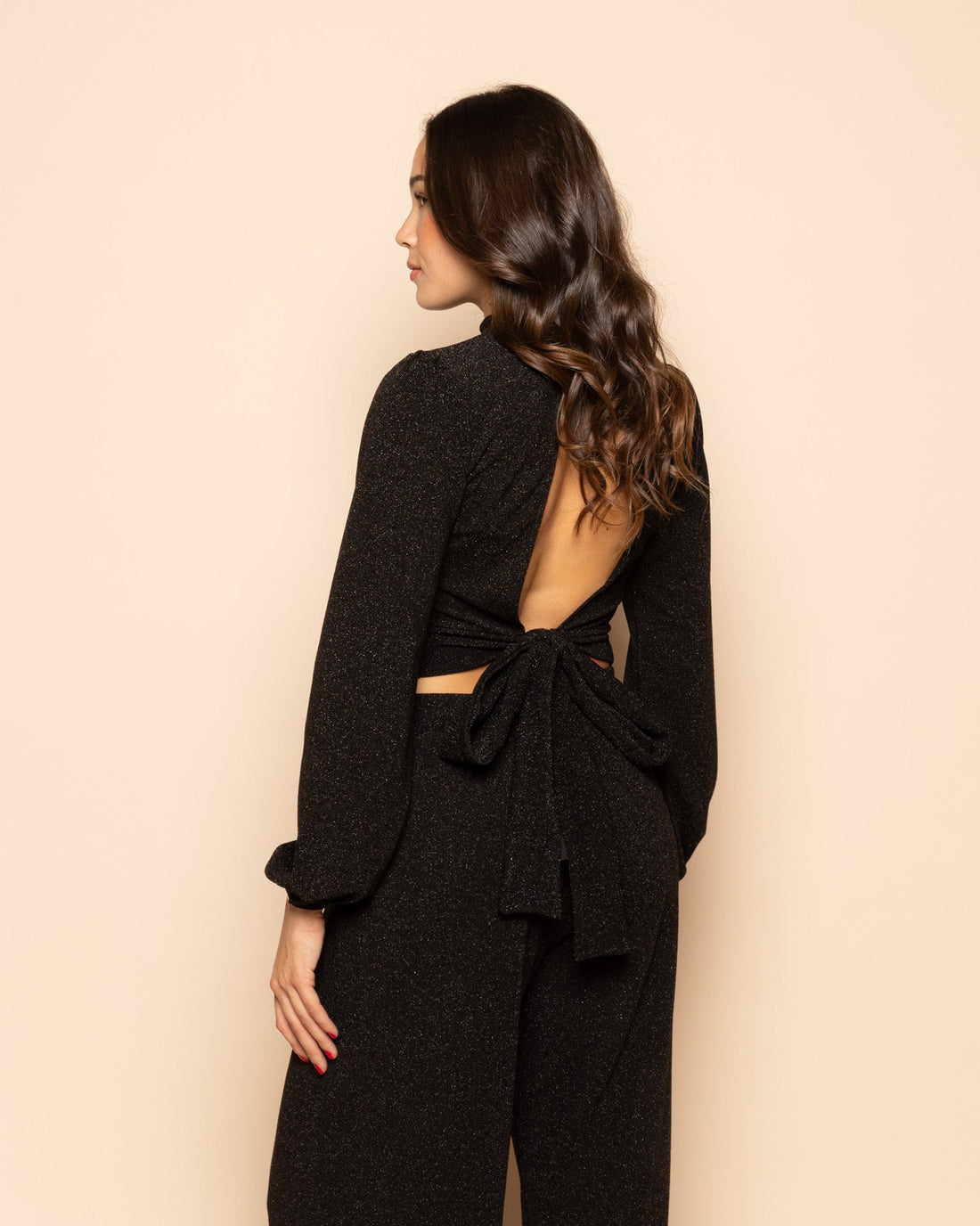 GLITTER BOW TOP ZWART