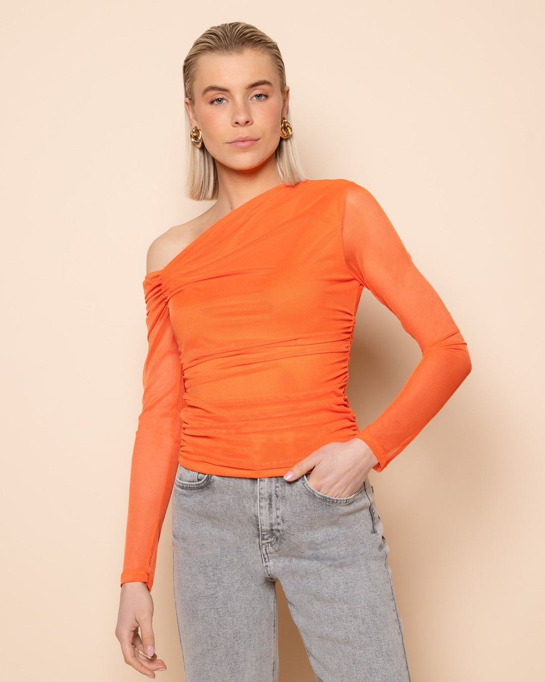 ISABELLE OFF SHOULDER MESH TOP ORANJE
