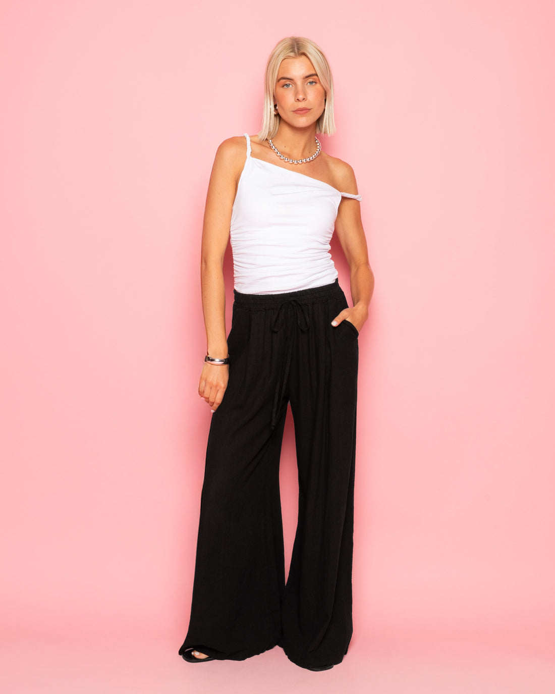 CARMEN LINEN WIDE LEG PANTS PETITE ZWART