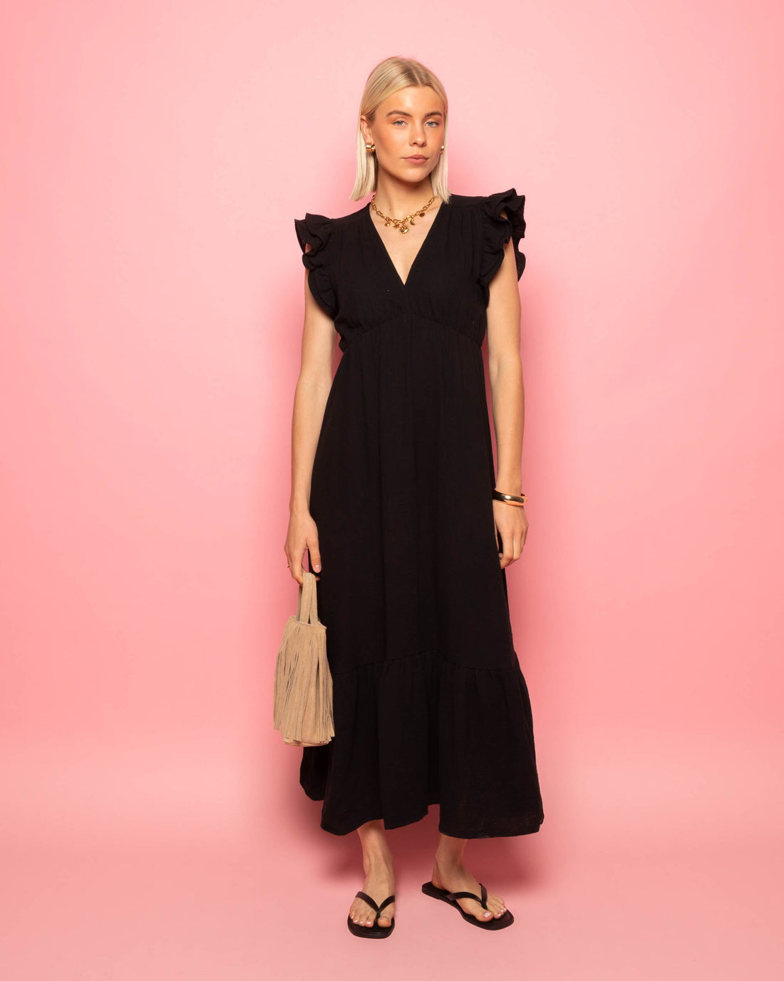 JAZMIN MOUSSELINE MAXI DRESS ZWART