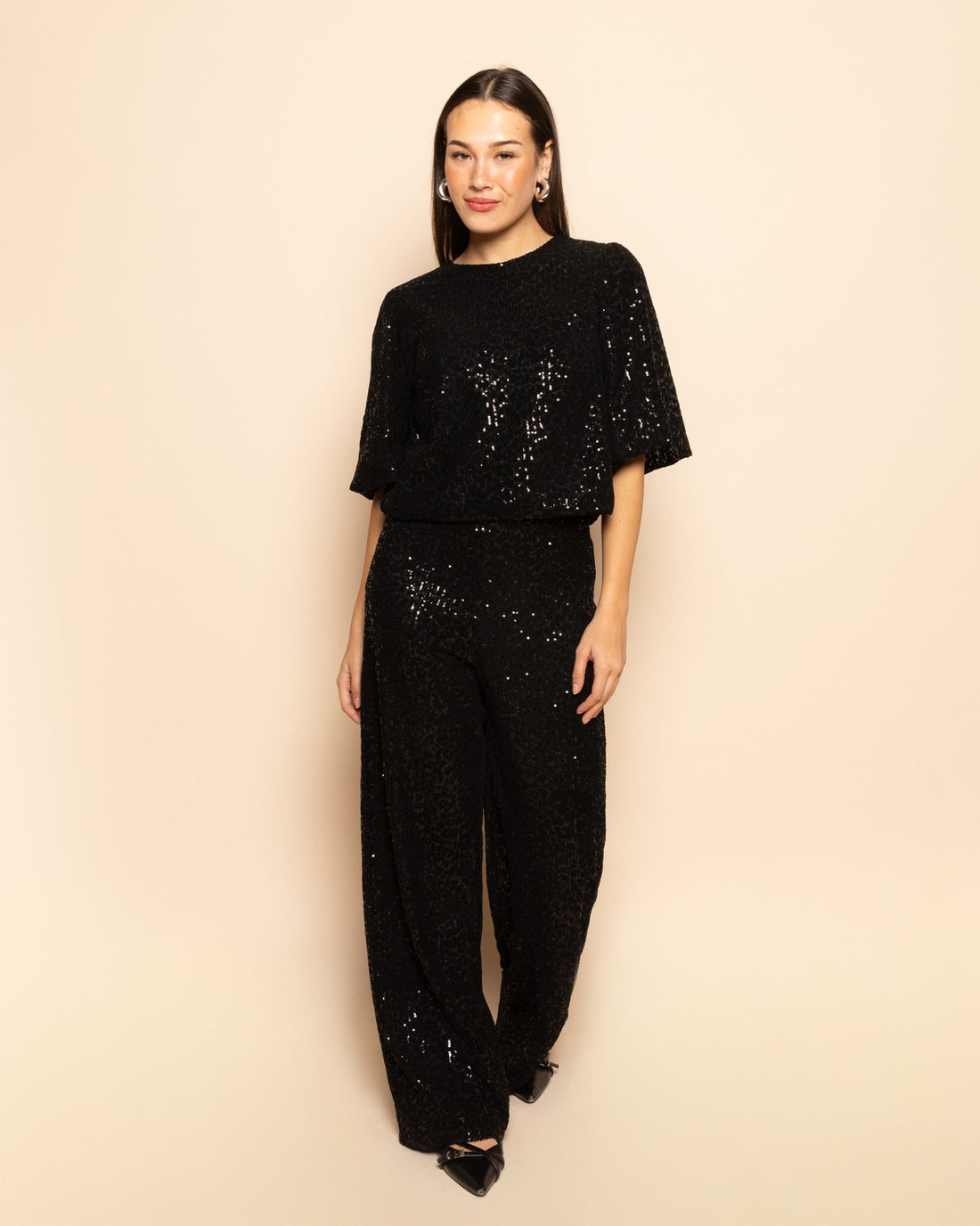 VELVET FLOCK SEQUINS STRAIGHT LEG PANTS ZWART