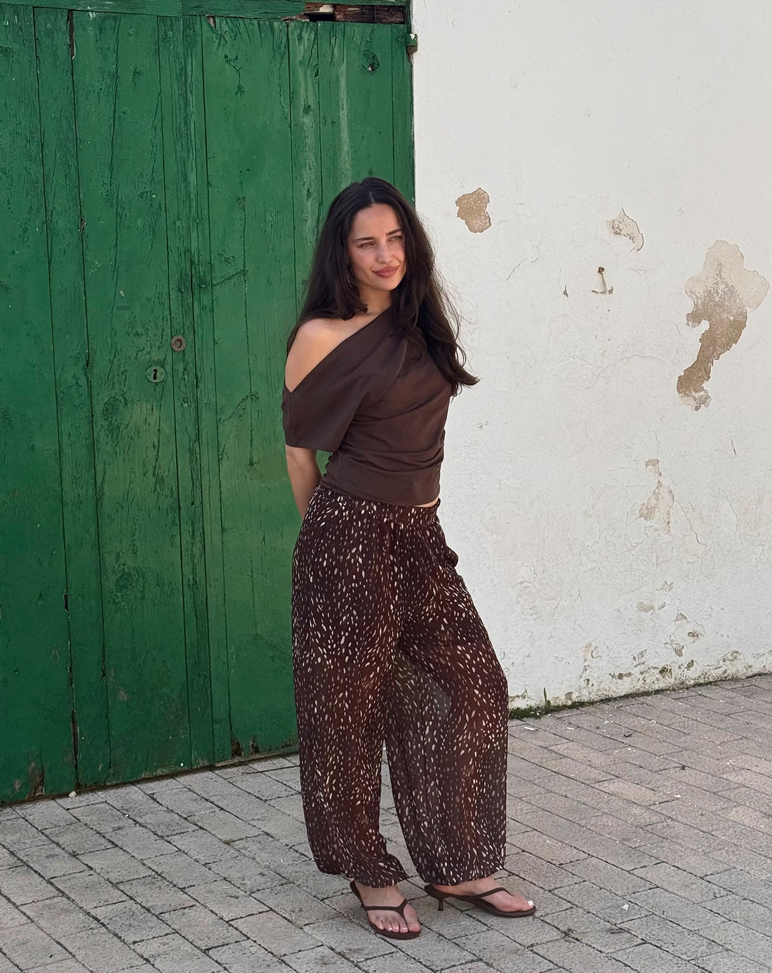 DEER PRINT CHIFFON BALLOON PANTS DONKERBRUIN