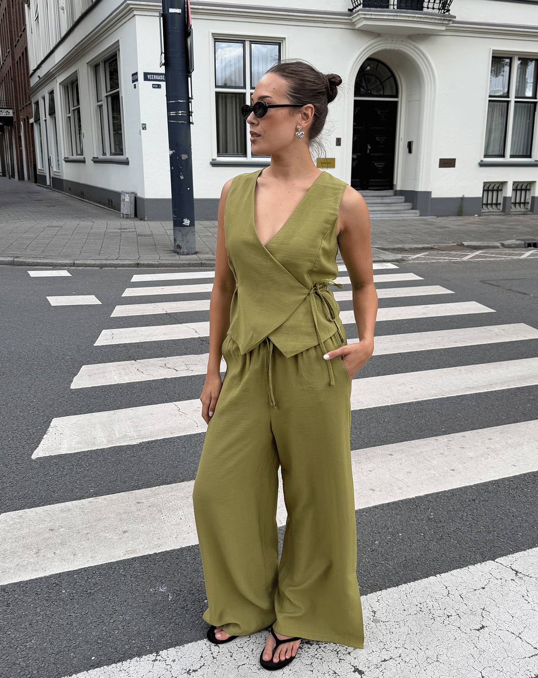 DAVINA VISCOSE SLIT PANTS TALL OLIJFGROEN