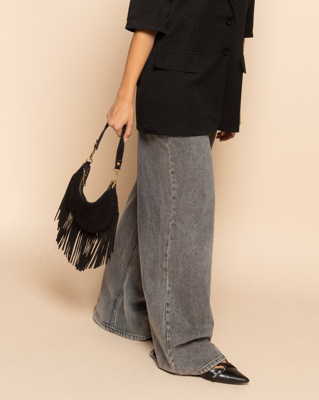 NAOMY FRINGE SUEDE BAG ZWART