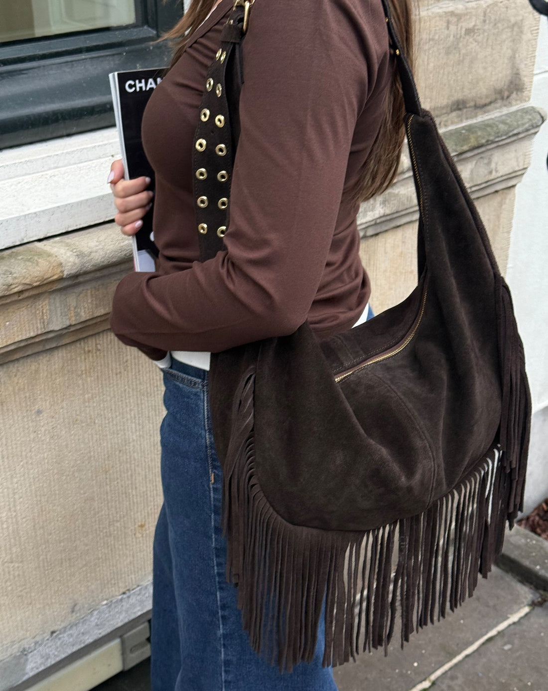 LIVIA FRINGE SUEDE BAG CHOCOLADEBRUIN