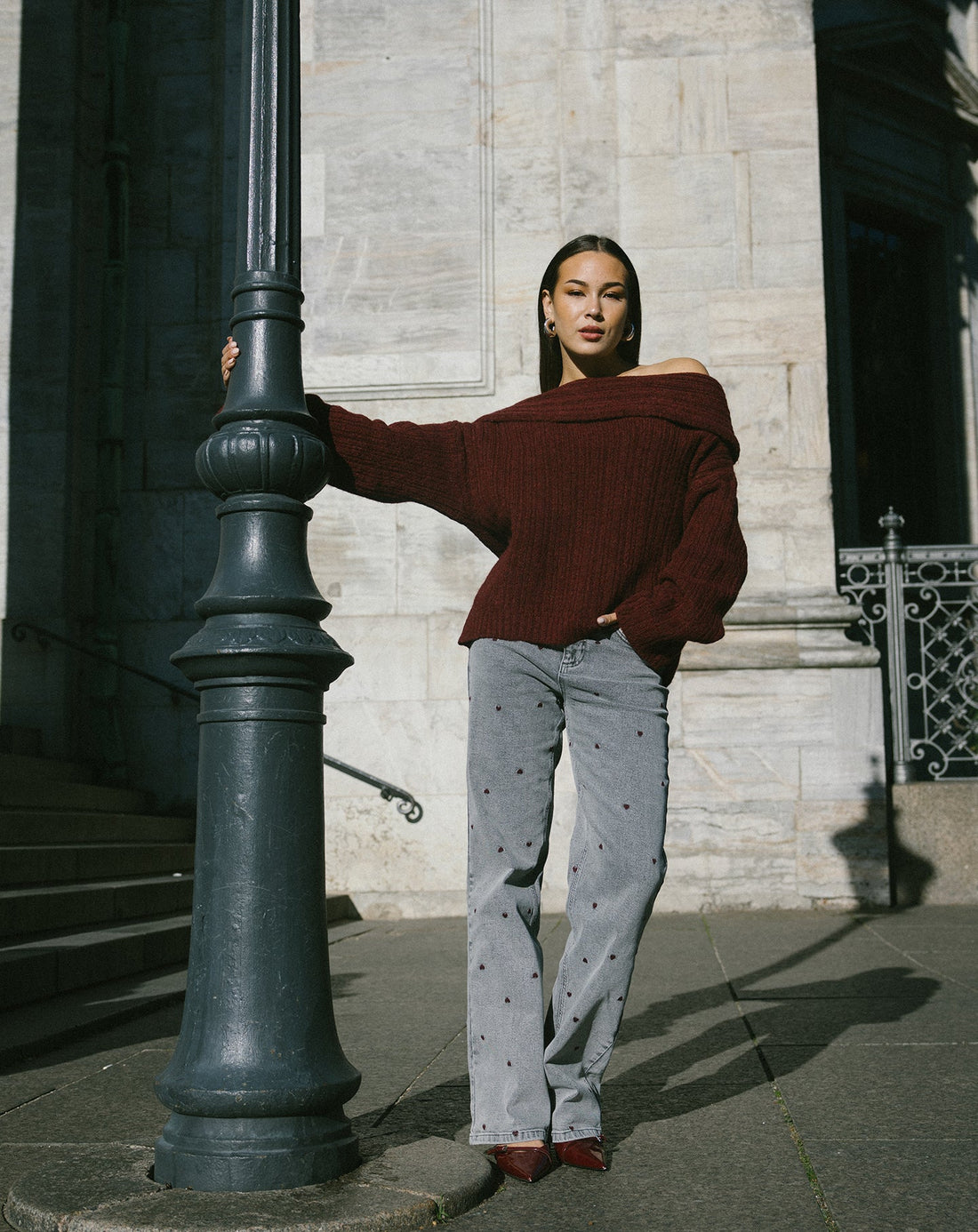 HEART BOOTCUT JEANS GRIJS BURGUNDY