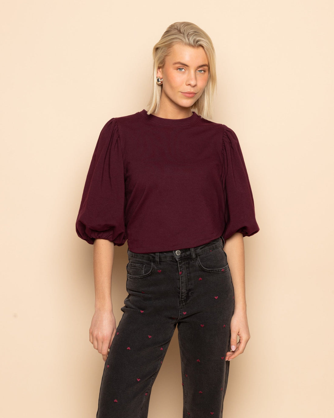 LOA PUFF SLEEVE SWEAT TOP DONKER BURGUNDY