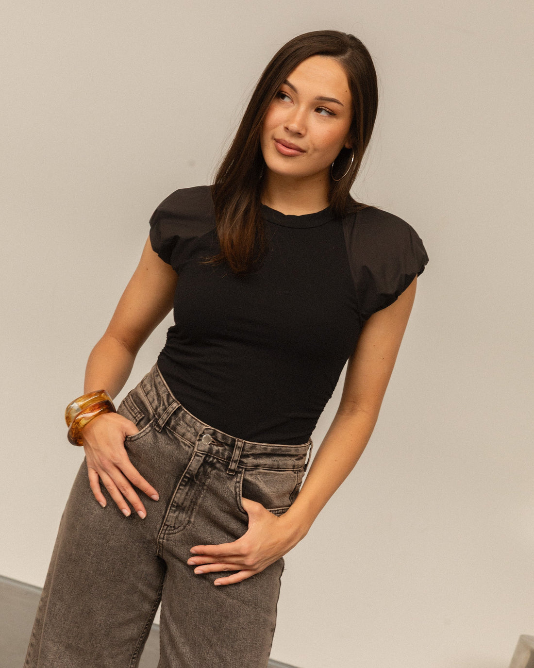 TAMAR BUBBLEHEM SLEEVE TOP ZWART