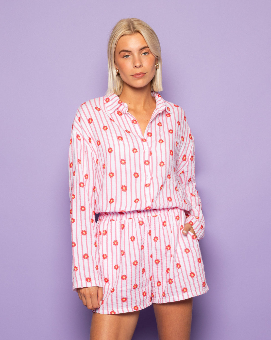 FLOWER STRIPE MOUSSELINE BLOUSE ROZE