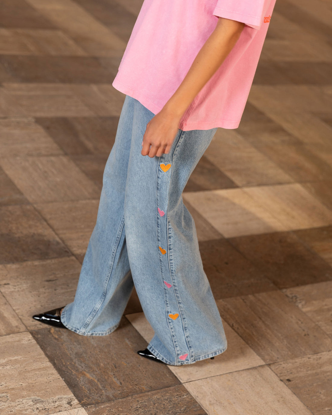 SIDE HEART WIDE LEG JEANS ORANJE ROZE