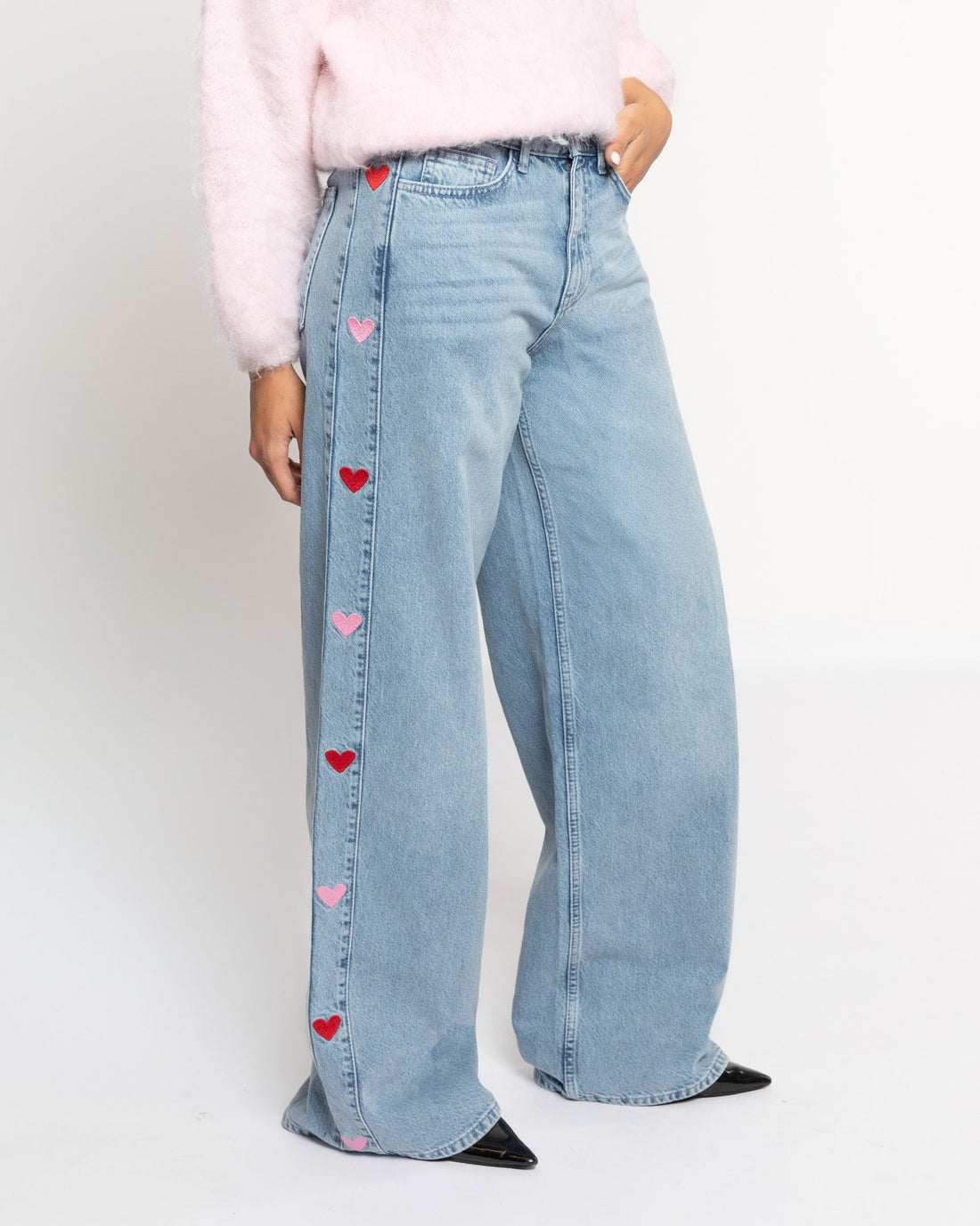SIDE HEART WIDE LEG JEANS ROOD ROZE