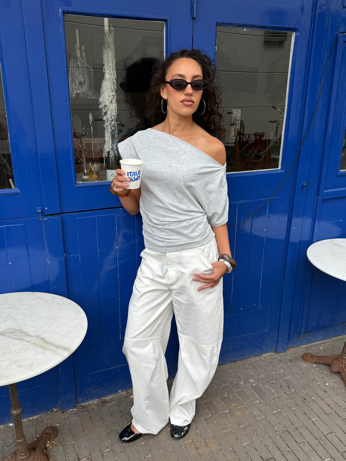 OFF SHOULDER PLEAT TOP GRIJS MELANGE