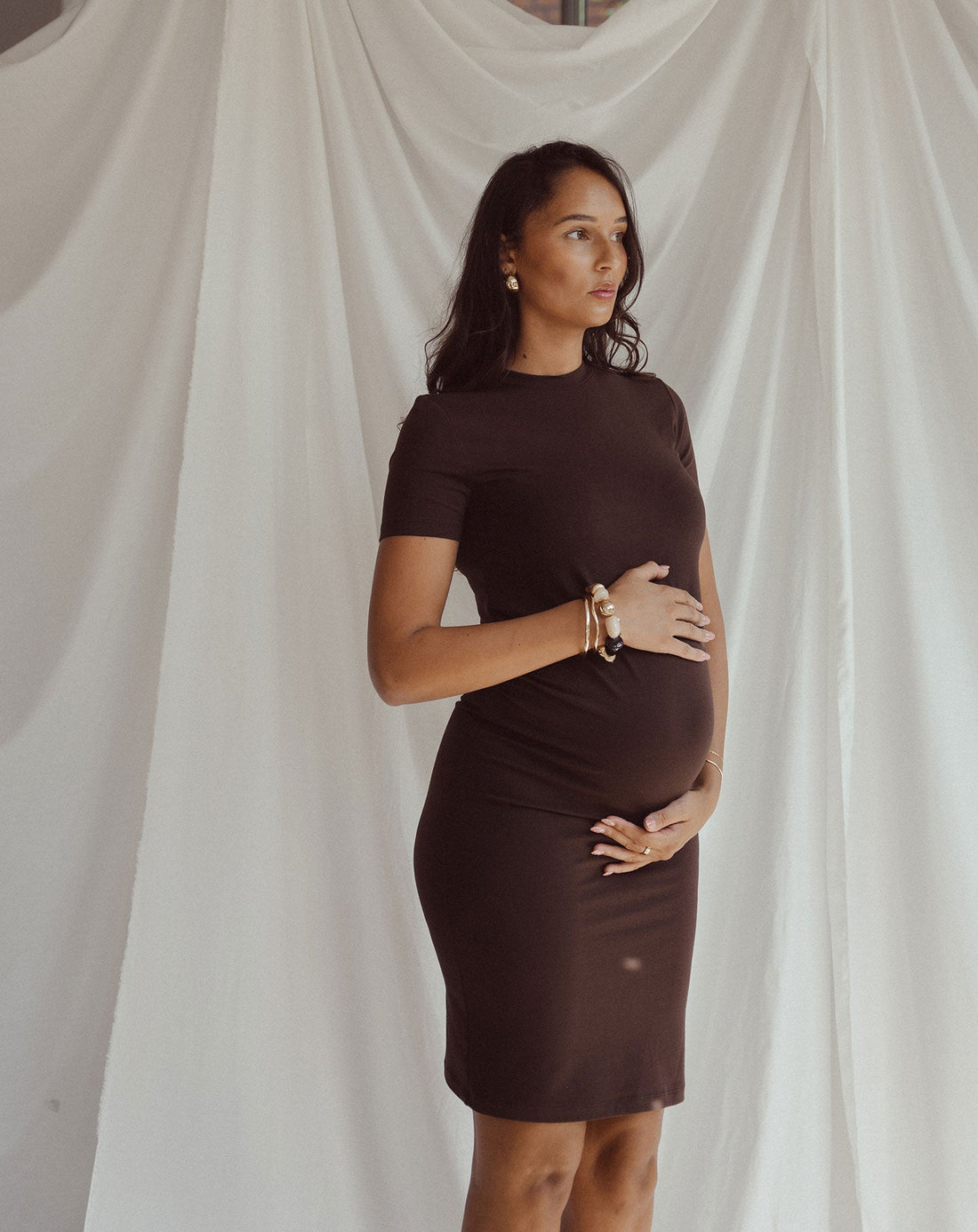 BASIC SHORT SLEEVE FITTED DRESS MATERNITY BRUIN