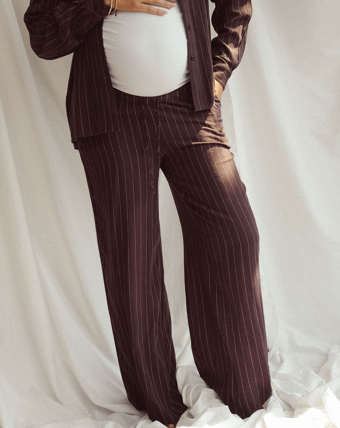 RHODE LINEN PULL ON PANTS MATERNITY PIN STRIPE BRUIN