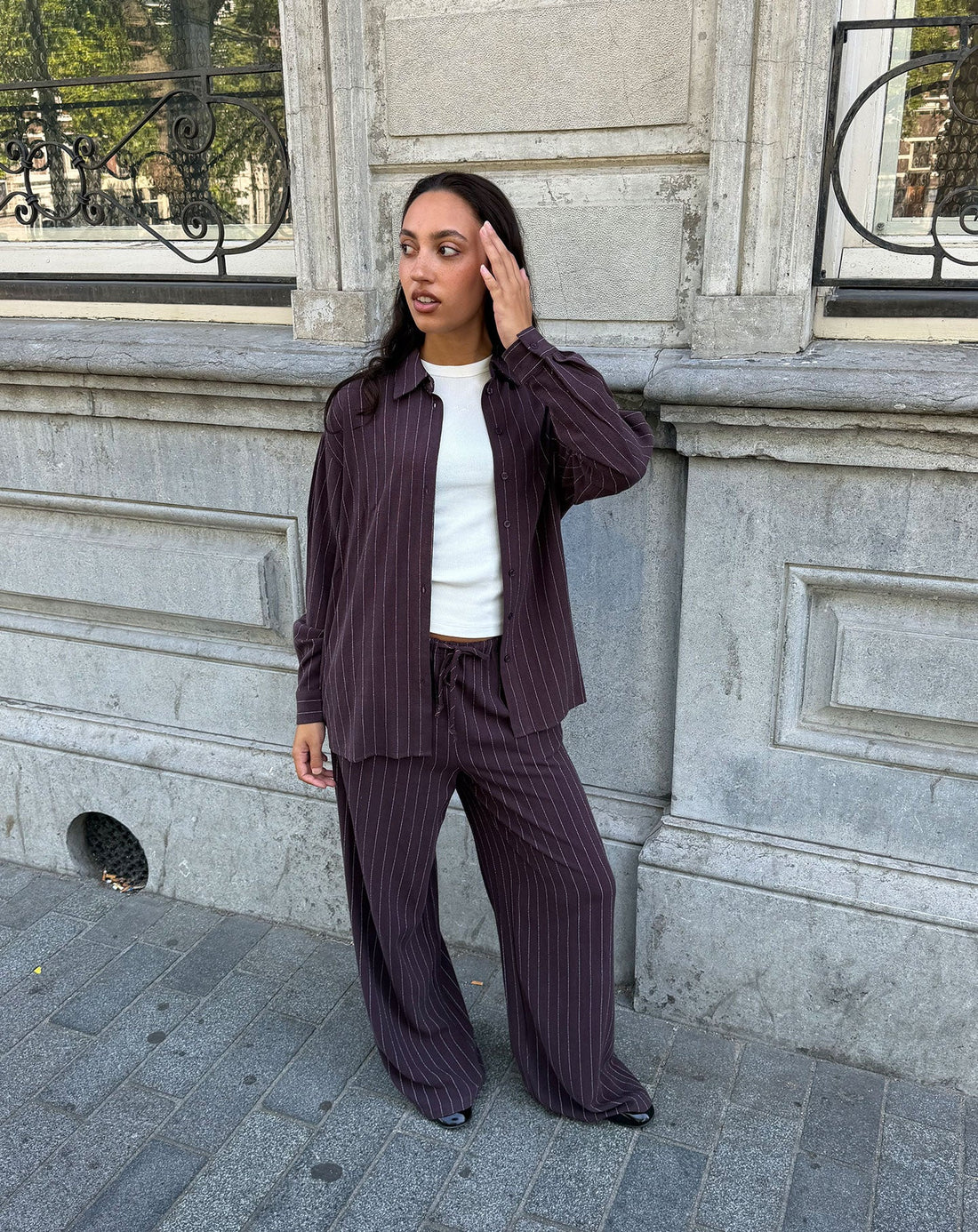 RHODE LINEN PULL ON PANTS TALL PIN STRIPE BRUIN
