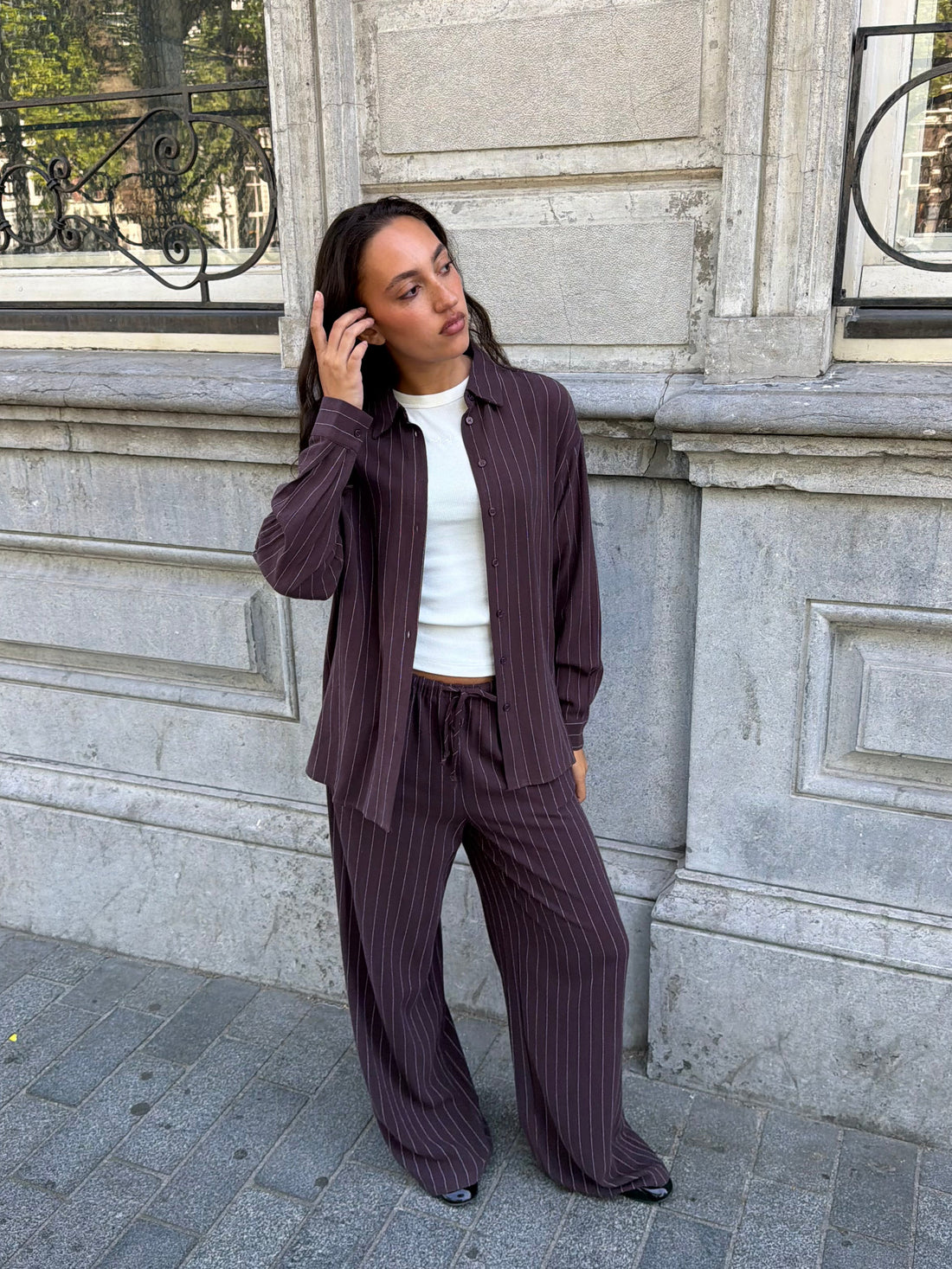 RHODE LINEN OVERSIZED BLOUSE PIN STRIPE BRUIN