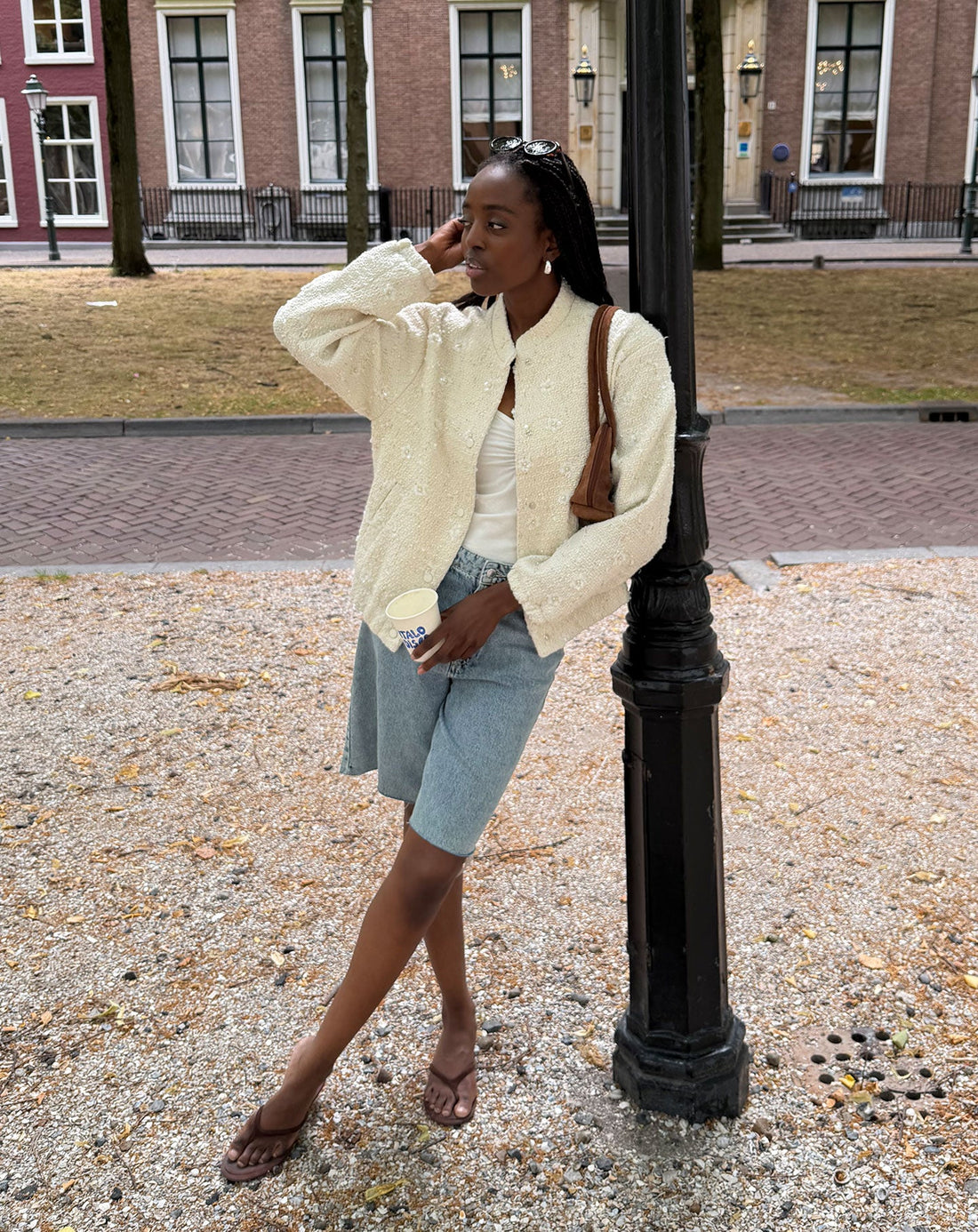 FLOWER SEQUIN BOUCLE BOMBER JACKET CRÈME