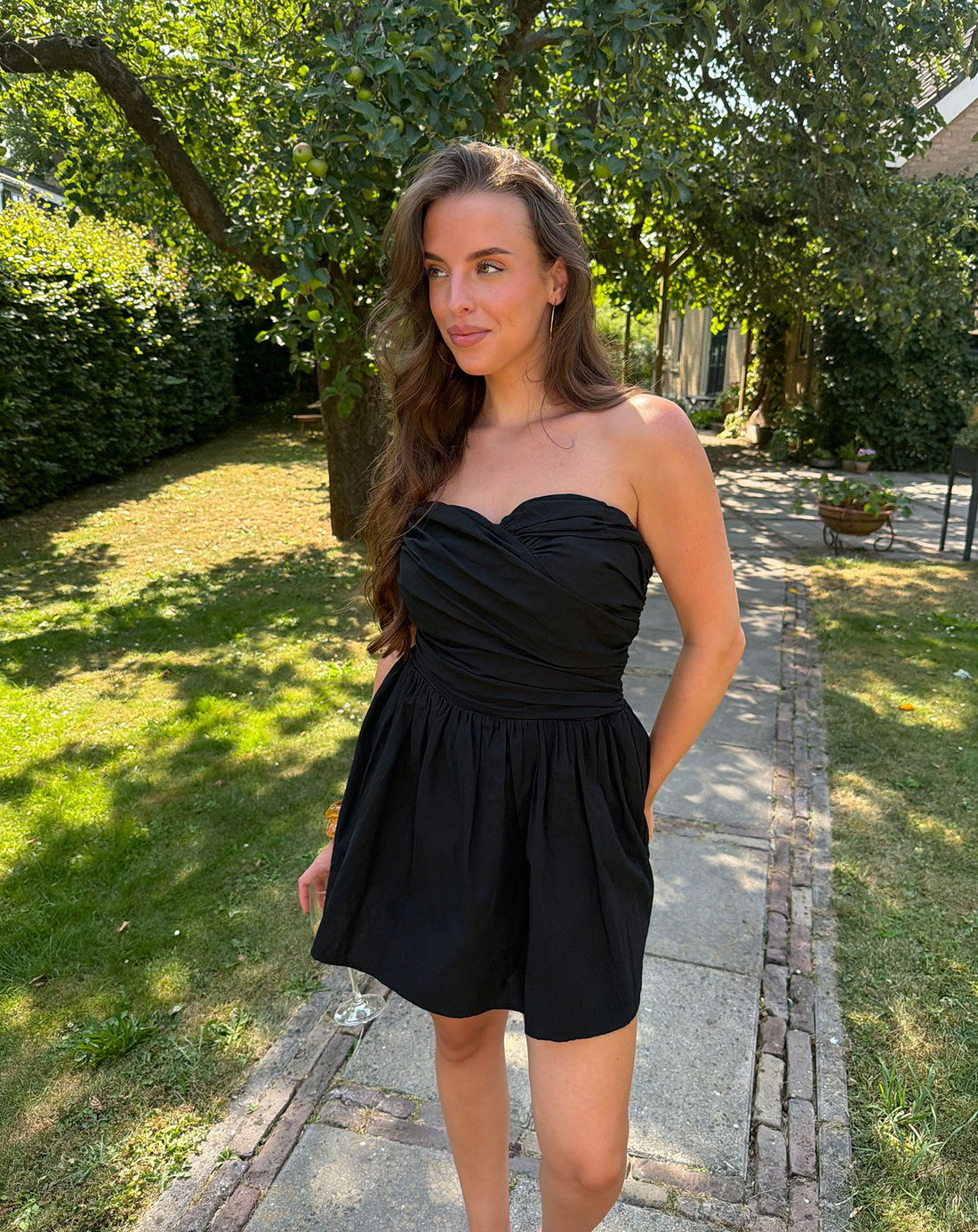 KIRA STRAPLESS COTTON DRESS ZWART