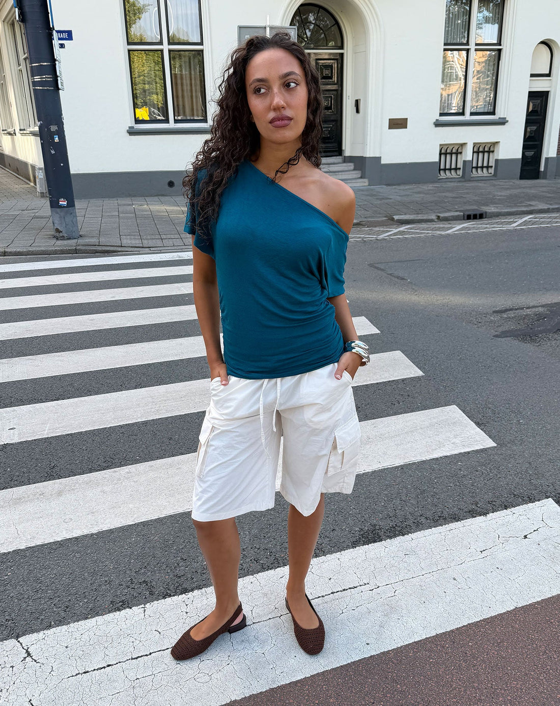 OFF SHOULDER LOOSE TEE TEAL