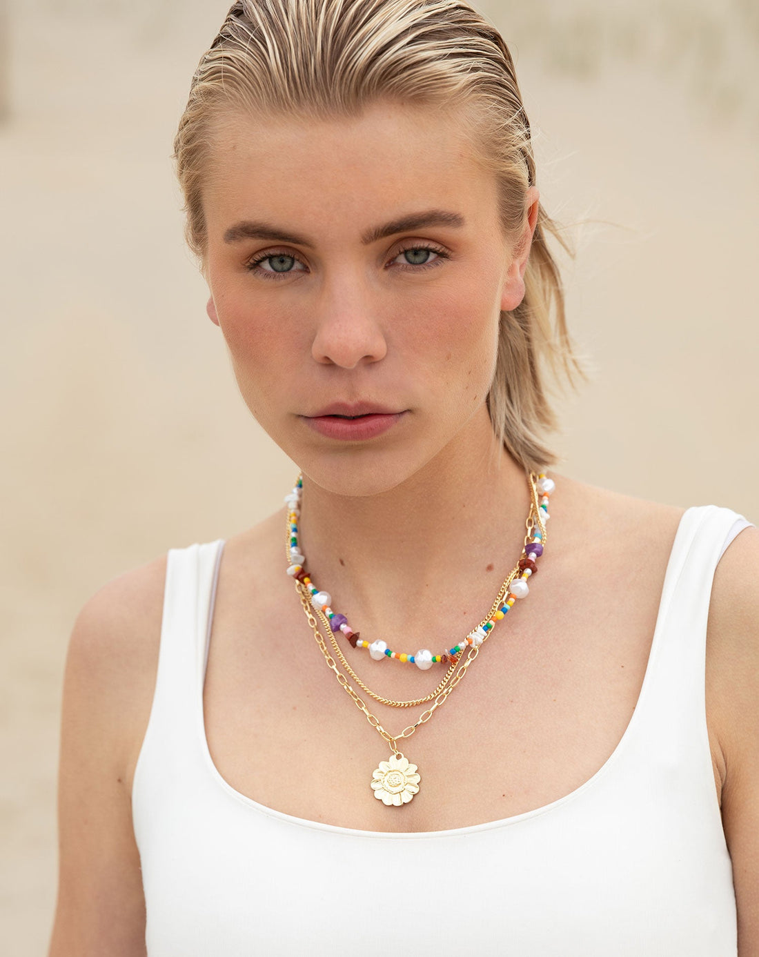 FLOWER  BEADS LAYERED NECKLACE
